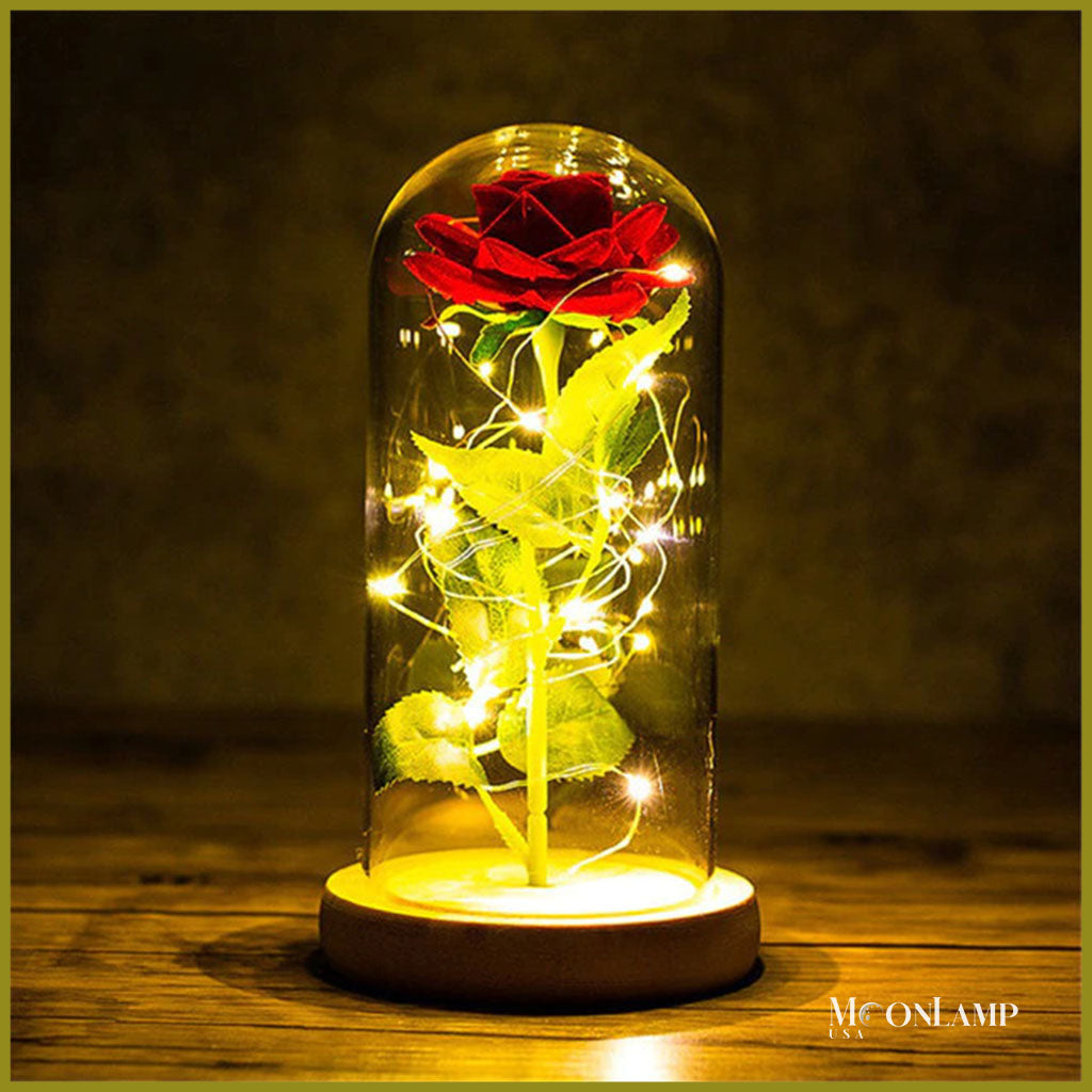 light up rose in a glass dome turned on